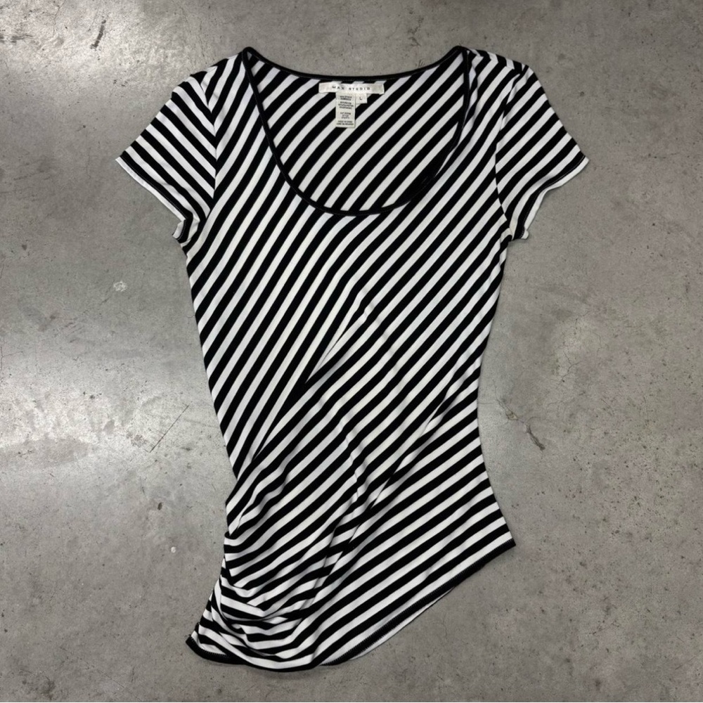 2000s Max Studio Ruched Diagonal Striped Black and White Tee